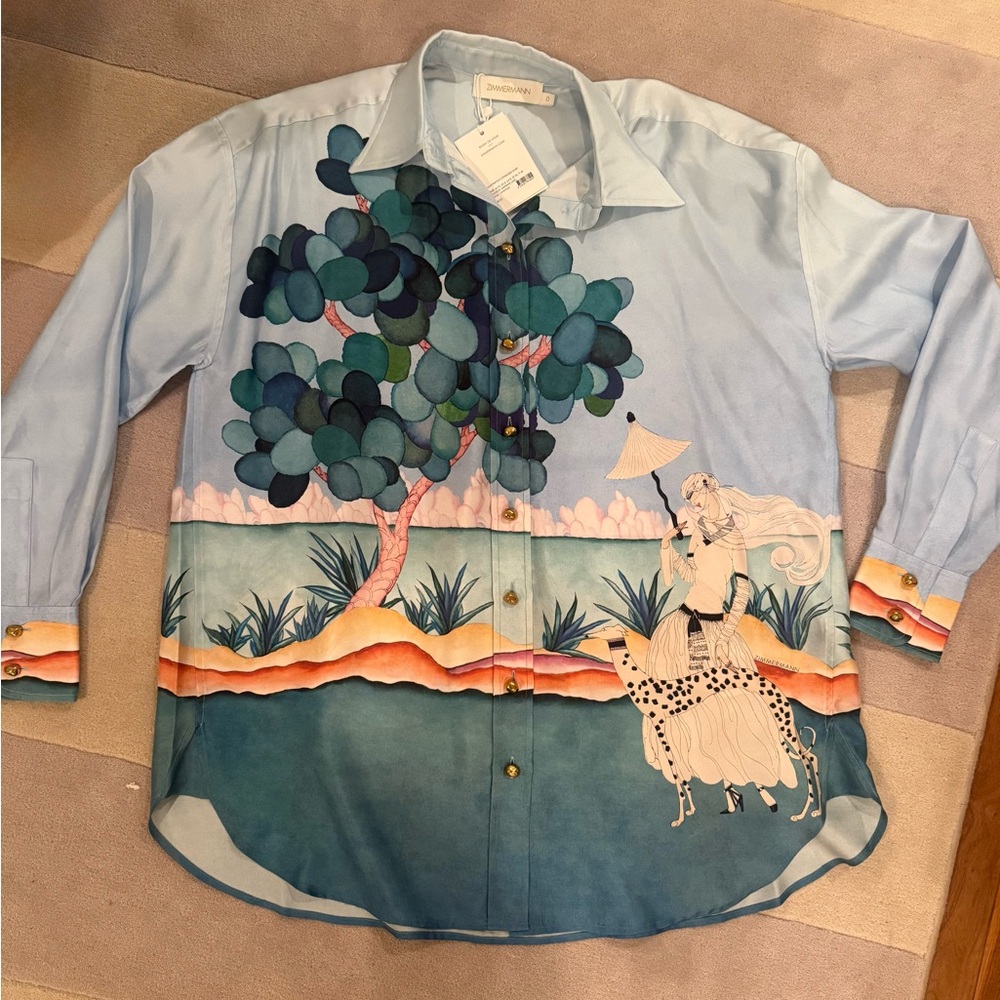 Zimmermann Light Blue Madame Jade Illustraion Silk Blouse brand new with tags